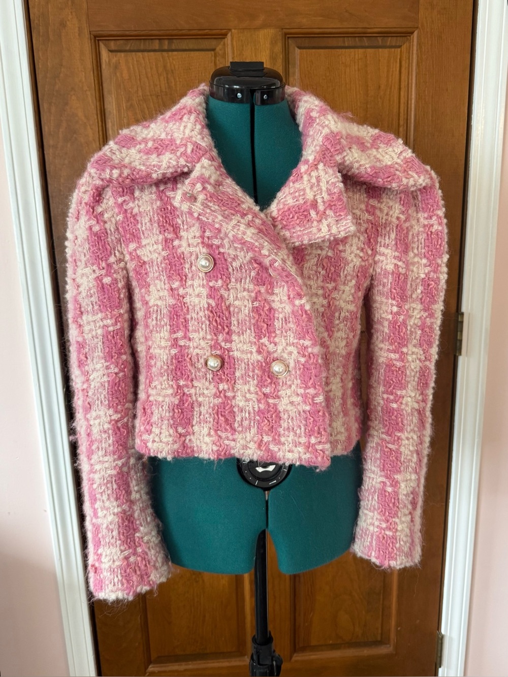 Loveshackfancy Pink Cream Wool Plaid Mews Cropped Jacket 4